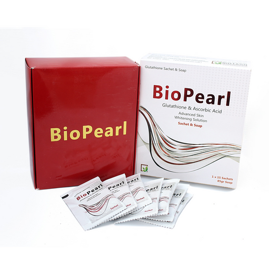 BioPearl product packaging including a red box and white packets on a white background