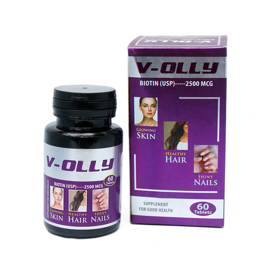 V-OLLY supplement bottle and packaging on a white background
