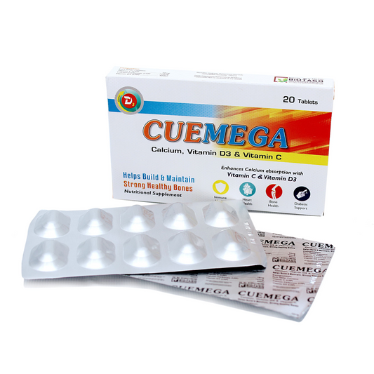 CUEMEGA calcium, vitamin D3, and vitamin C supplement packaging on a white background